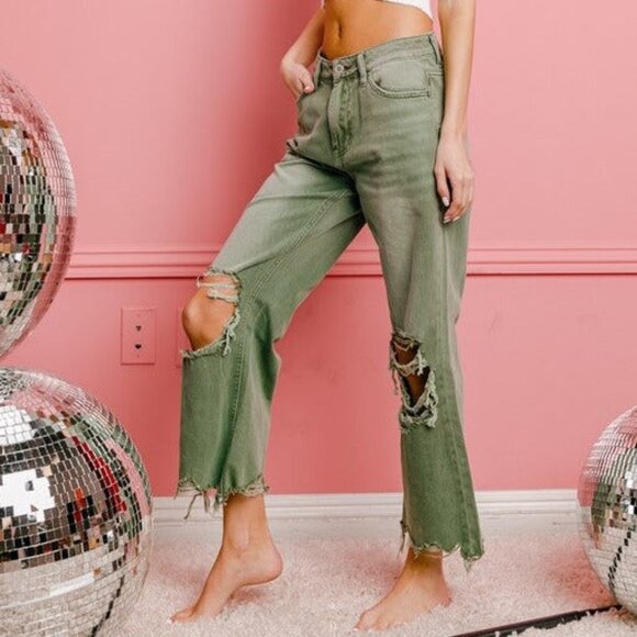 Olive Green Distressed Wide-Leg Crop Jeans - Picture 4 of 9